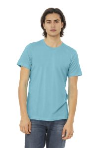 Teal short sleeve t-shirt on model